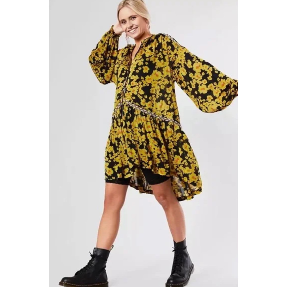 Free People Love Letter Tunic Mini Dress Women's Long Sleeve Yellow Size M